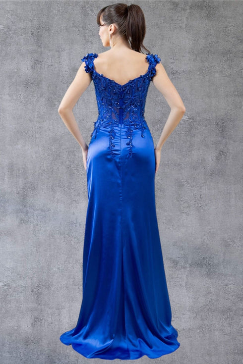 Womens Satin Evening Gown with Beaded Bodice and High Slit – Formal Dress for Gala, Prom, or Wedding 4/XS-16/3X